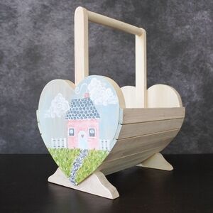 Hand Painted Shabby Chic Cottage Heart Wooden Basket Cottagecore Decor
